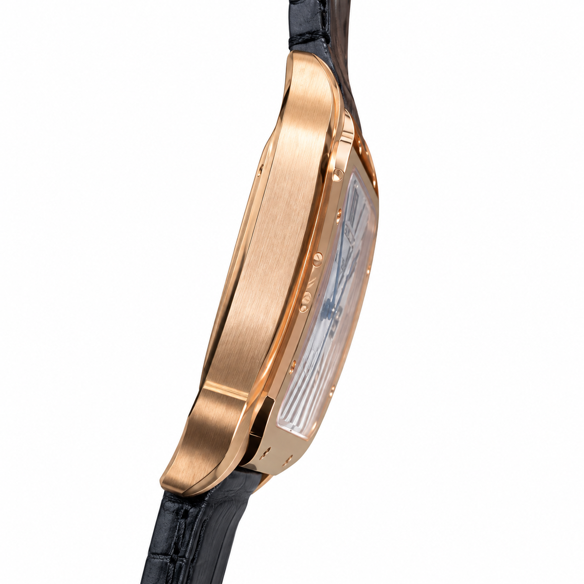 Cartier Santos Large Rose Gold White Dial Blue Hands Date Automatic Black Strap Watch – KDY