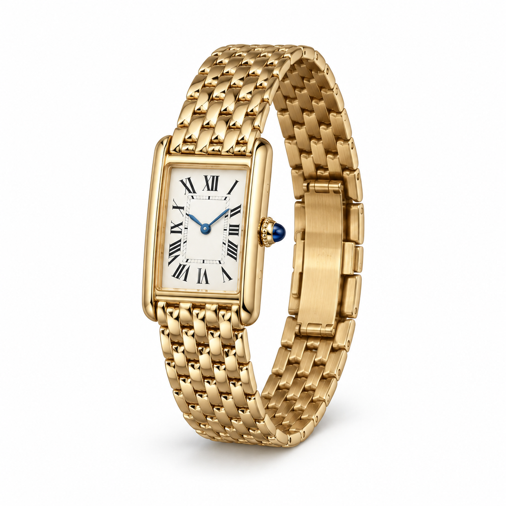 Cartier Tank Américaine Small — 18K Rose Gold, Silver Dial, Roman Numerals & Rose Gold Mesh Bracelet, Women