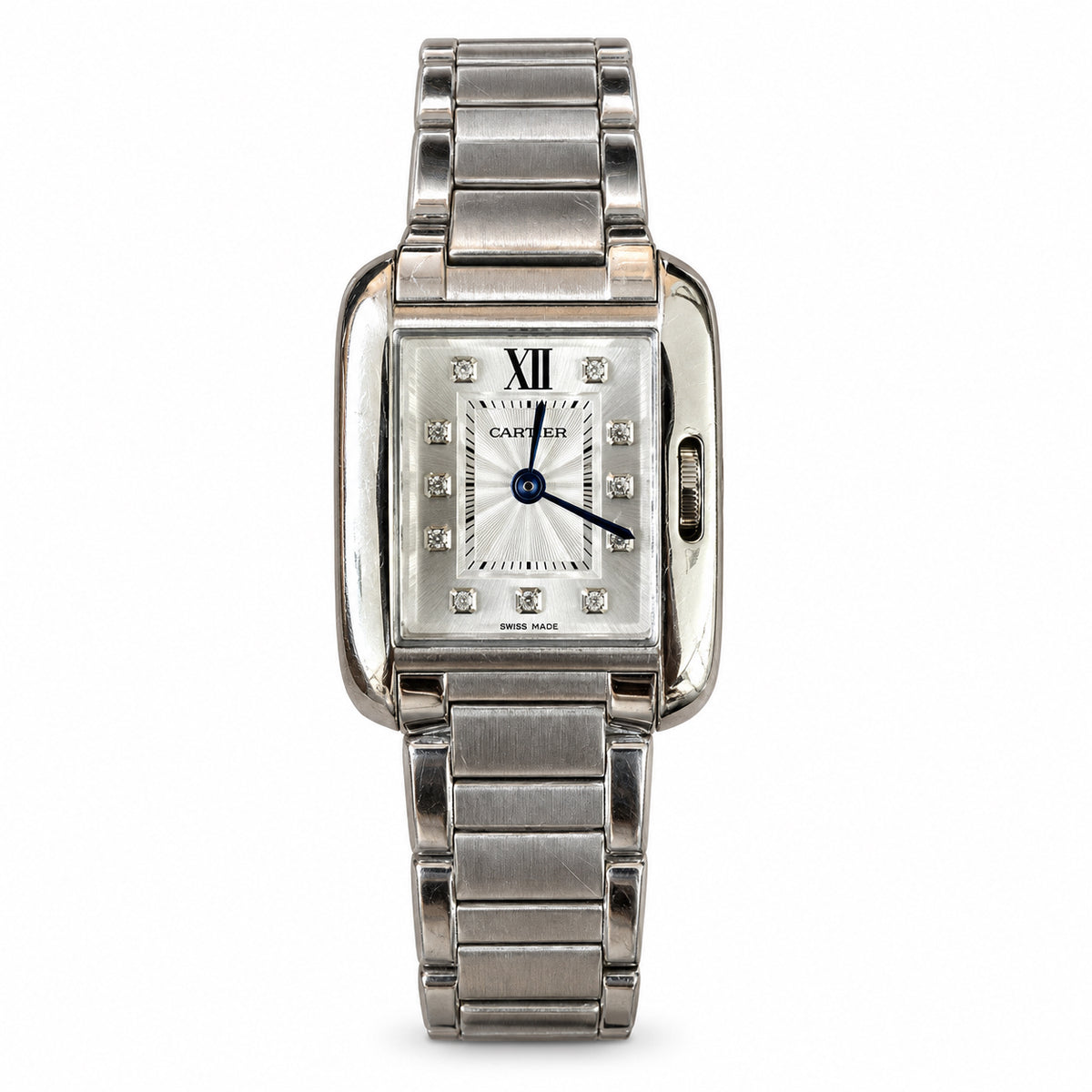 Cartier Tank Anglaise Stainless Steel Ladies Watch with Diamond Hour Markers & Sapphire Crown