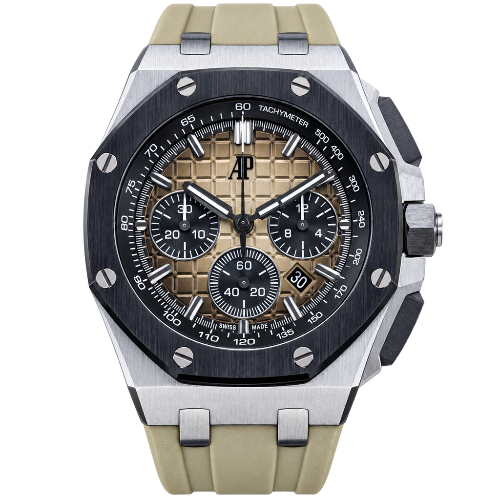 Audemars Piguet Royal Oak Offshore Chronograph Black Ceramic Bezel Khaki Grande Tapisserie Dial Black Sub-dials Khaki Rubber Strap