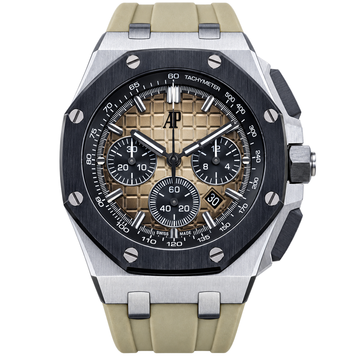 Audemars Piguet Royal Oak Offshore Chronograph Black Ceramic Bezel Khaki Grande Tapisserie Dial Black Sub-dials Khaki Rubber Strap