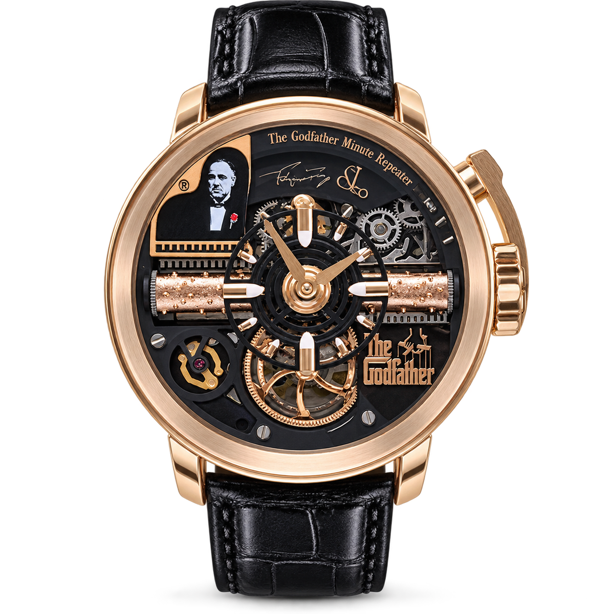Jacob & Co. Godfather Minute Repeater Rose Gold Skeleton Black Leather Watch