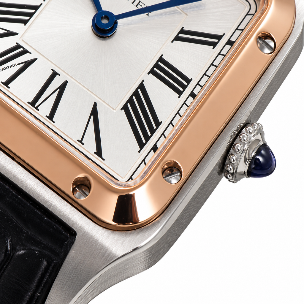 Cartier Santos-Dumont — Two-Tone Rose Gold & Steel, White Dial & Black Leather Strap