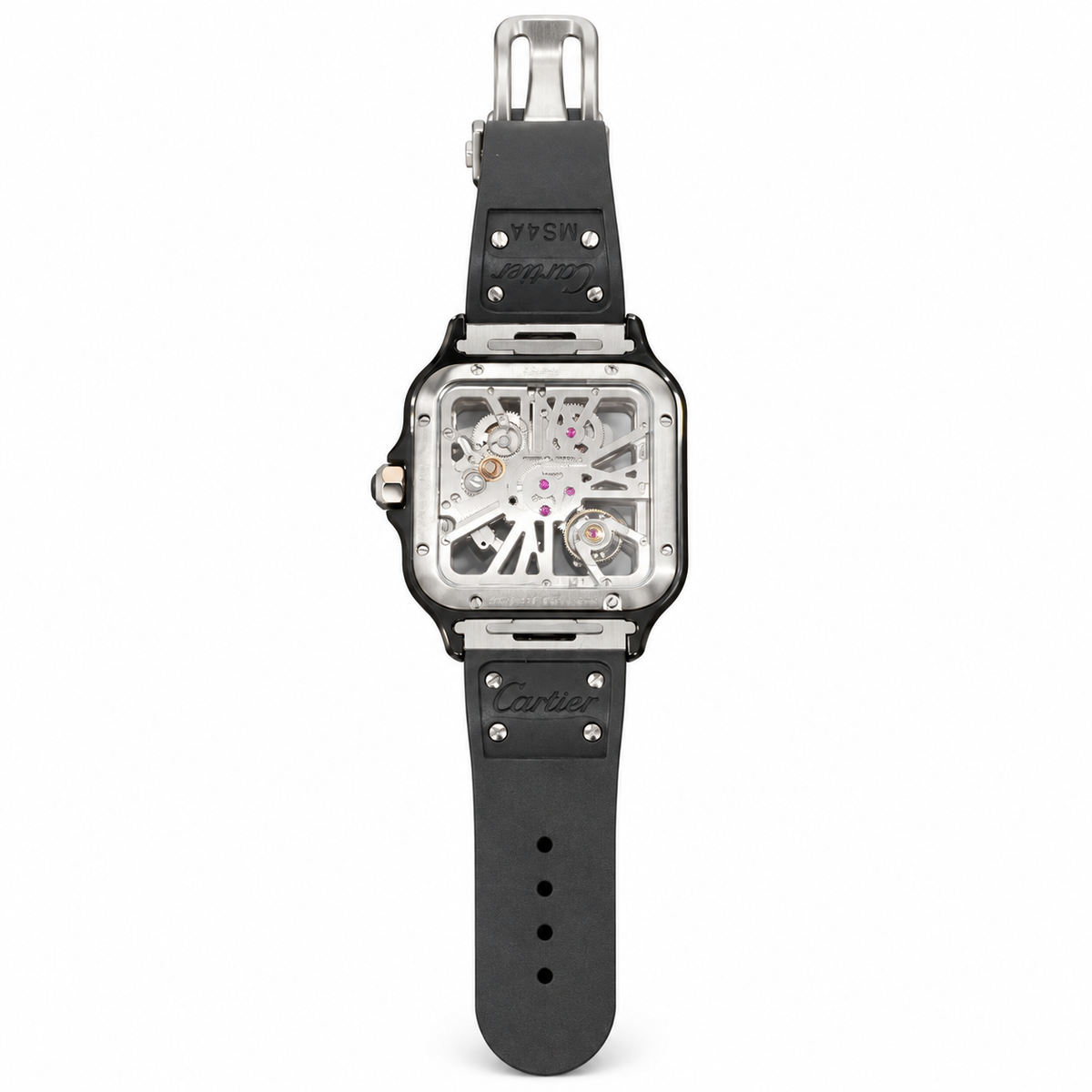 Cartier Santos de Cartier Skeleton Automatic — Steel & ADLC, Open Caseback & Black Rubber Strap, Large