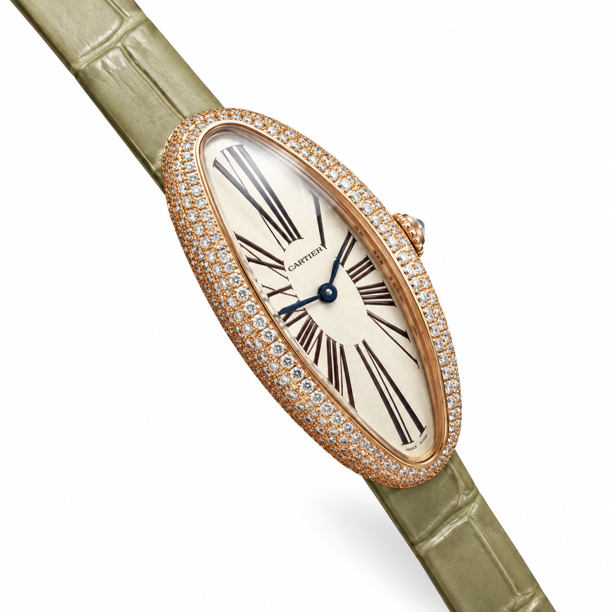 Cartier Baignoire Allongée — 18K Rose Gold, Diamond Bezel, White Dial & Olive Alligator Strap, Women