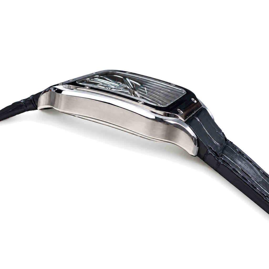 Cartier Santos de Cartier Skeleton — Stainless Steel, Green Roman Numerals & Black Leather Strap