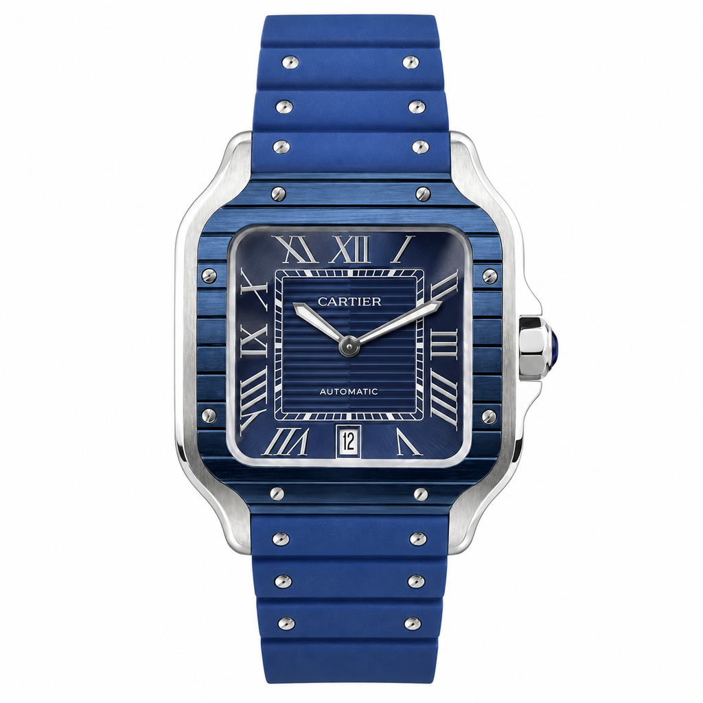 Cartier Santos de Cartier Automatic — Steel & Blue ADLC, Blue Dial & Rubber Strap
