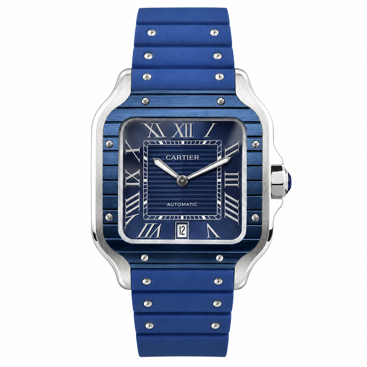Cartier Santos de Cartier Automatic — Steel & Blue ADLC, Blue Dial & Rubber Strap