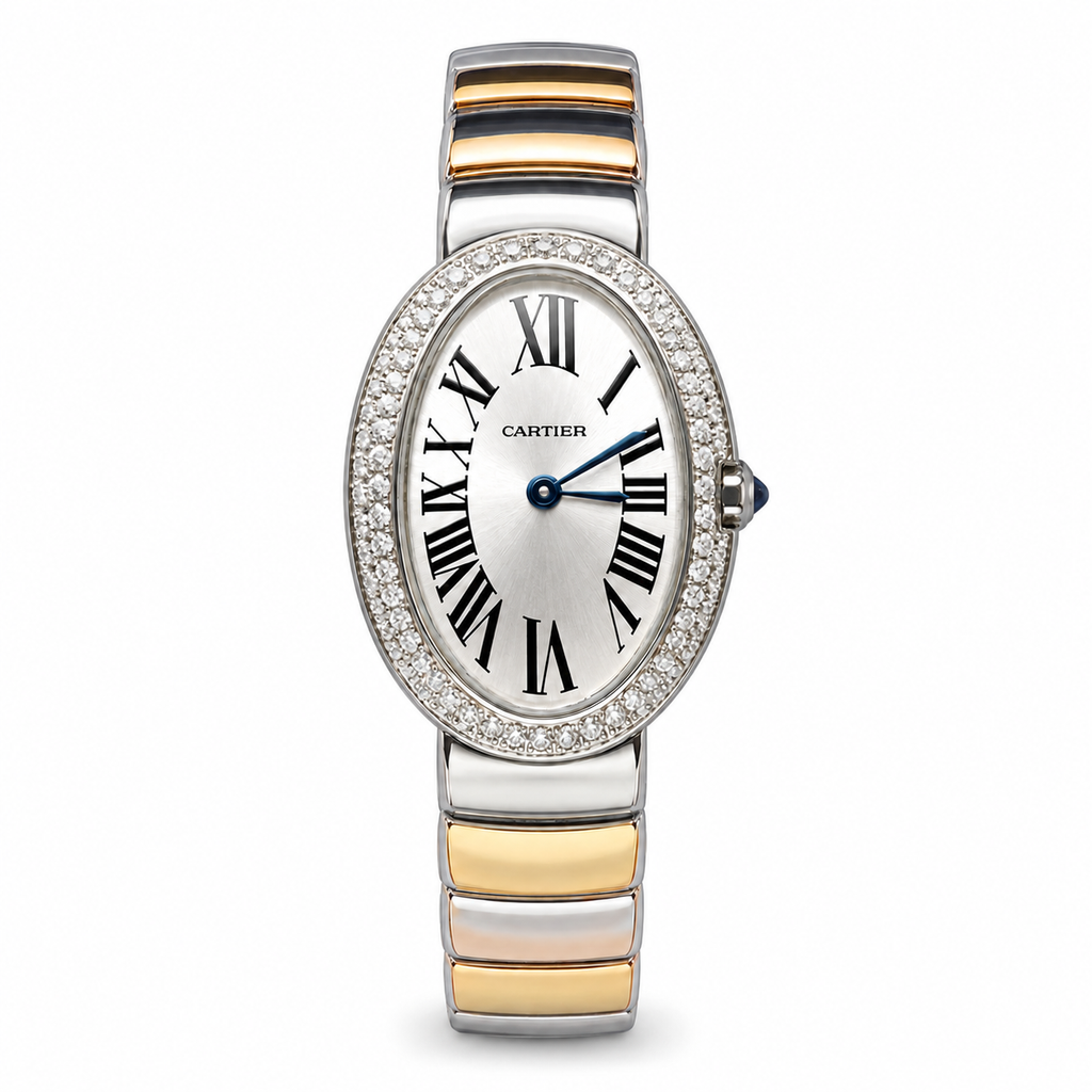 Cartier Baignoire — 18K White Gold, Diamond Bezel & Two-Tone Gold Bracelet