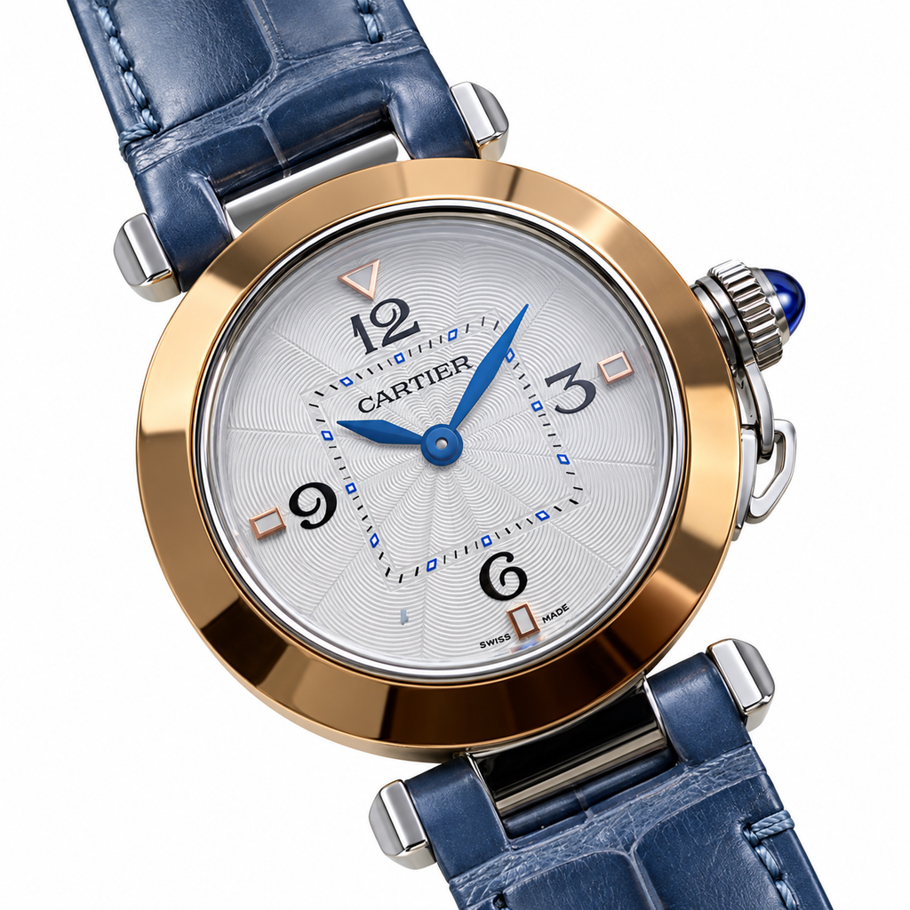 Cartier Pasha de Cartier 30mm — Two-Tone Steel & Rose Gold, White Dial & Blue Alligator Strap, Women