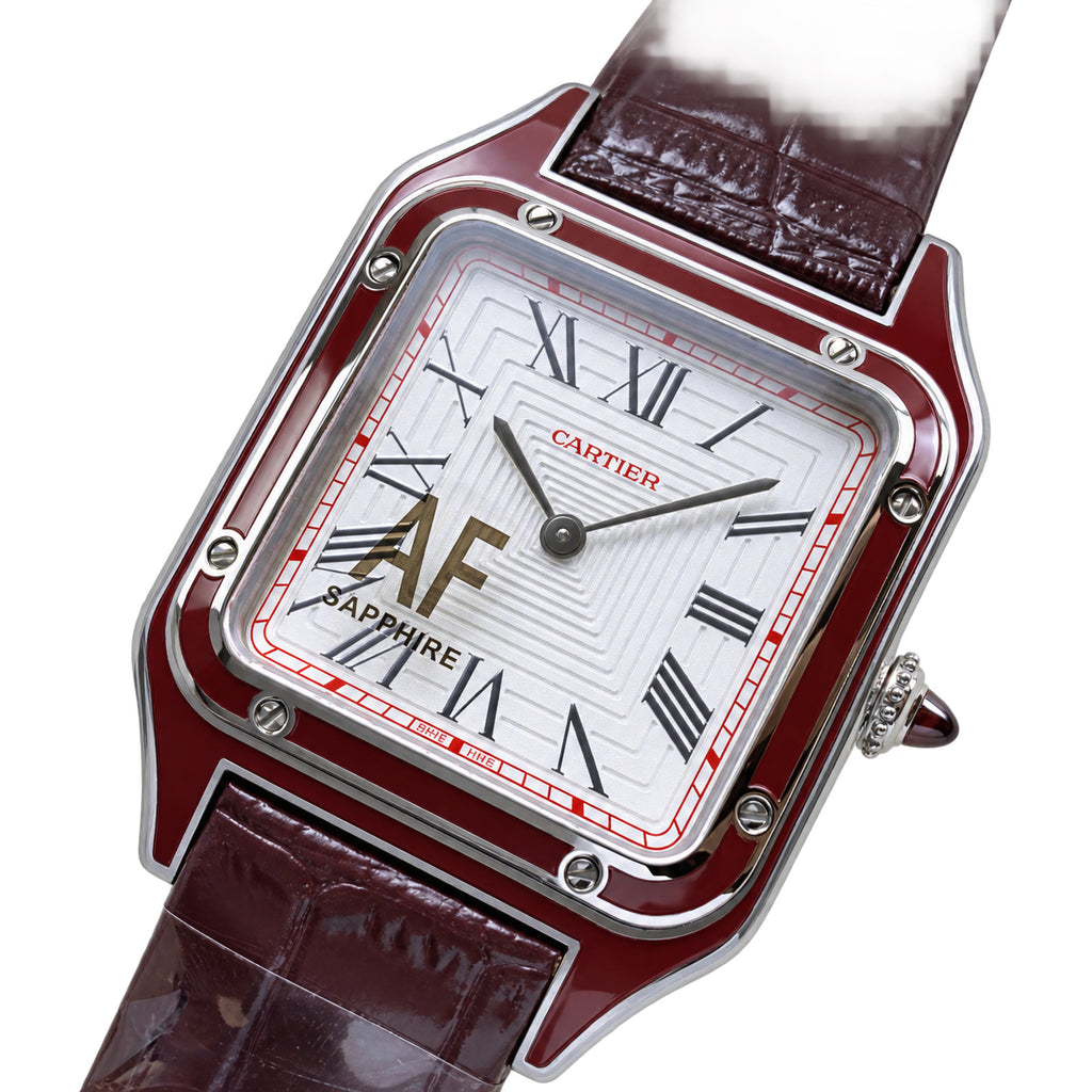 Cartier Santos-Dumont Large — Steel, Burgundy Enamel Bezel, White Dial, Roman Numerals & Burgundy Alligator Strap, Quartz