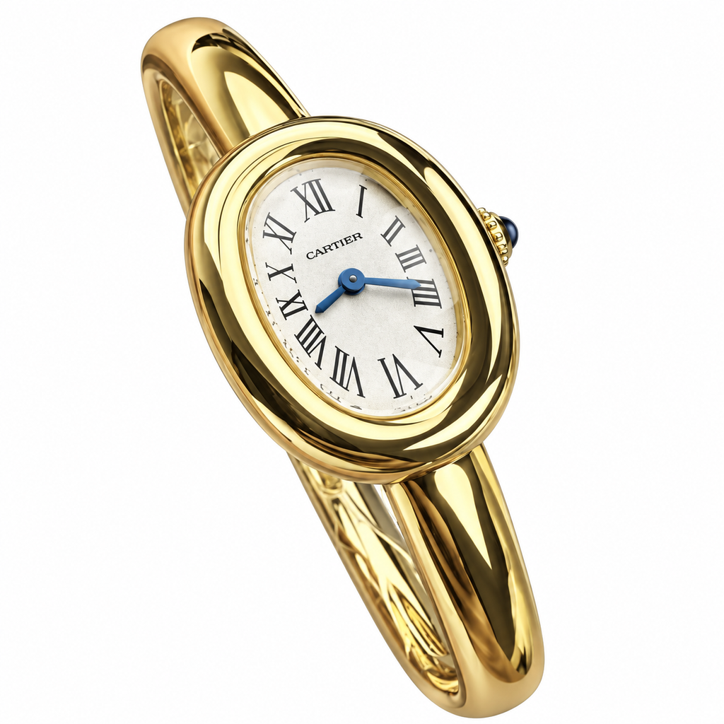 Cartier Baignoire Mini — 18K Yellow Gold, White Dial, Roman Numerals & Gold Bangle, Women