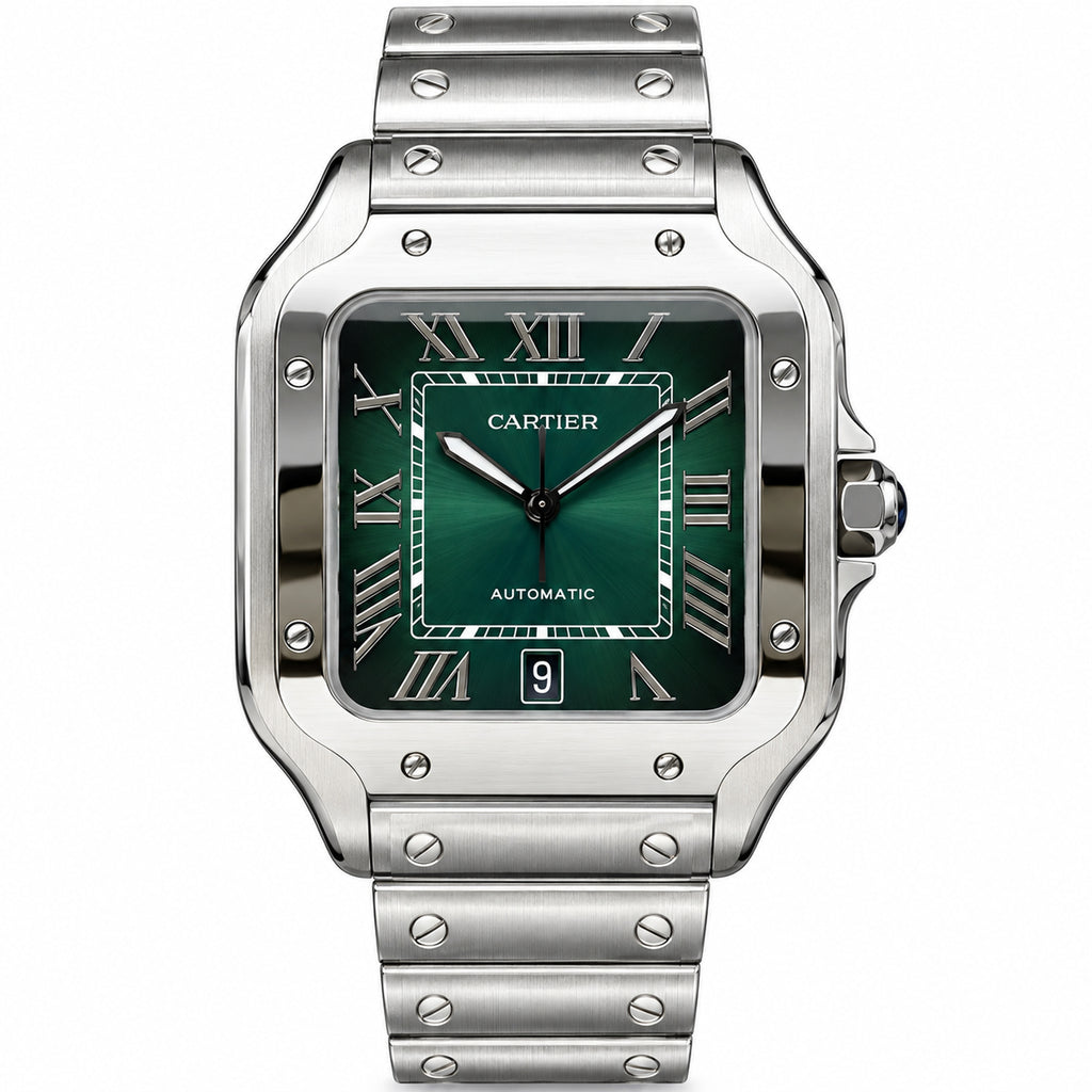 Cartier Santos Large — Steel, Green Dial, Roman Numerals, Date & Steel Bracelet, Automatic