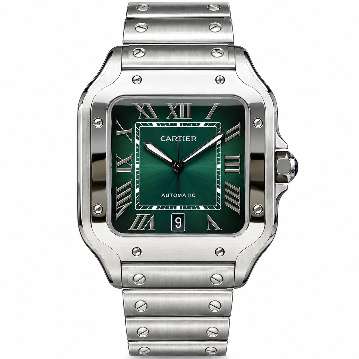 Cartier Santos Large — Steel, Green Dial, Roman Numerals, Date & Steel Bracelet, Automatic