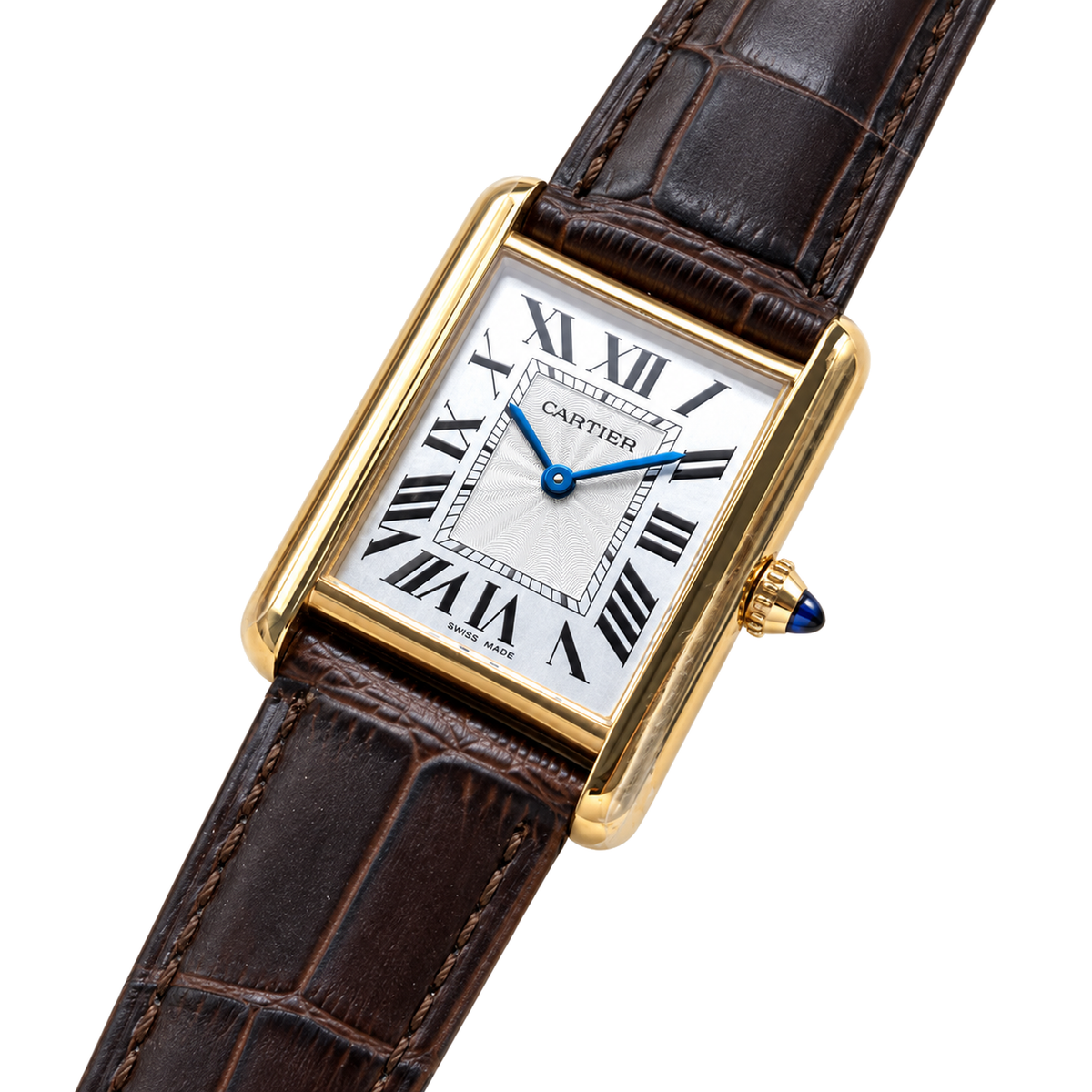 Cartier Tank Louis Cartier Large — 18K Yellow Gold, White Dial, Roman Numerals & Brown Alligator Strap