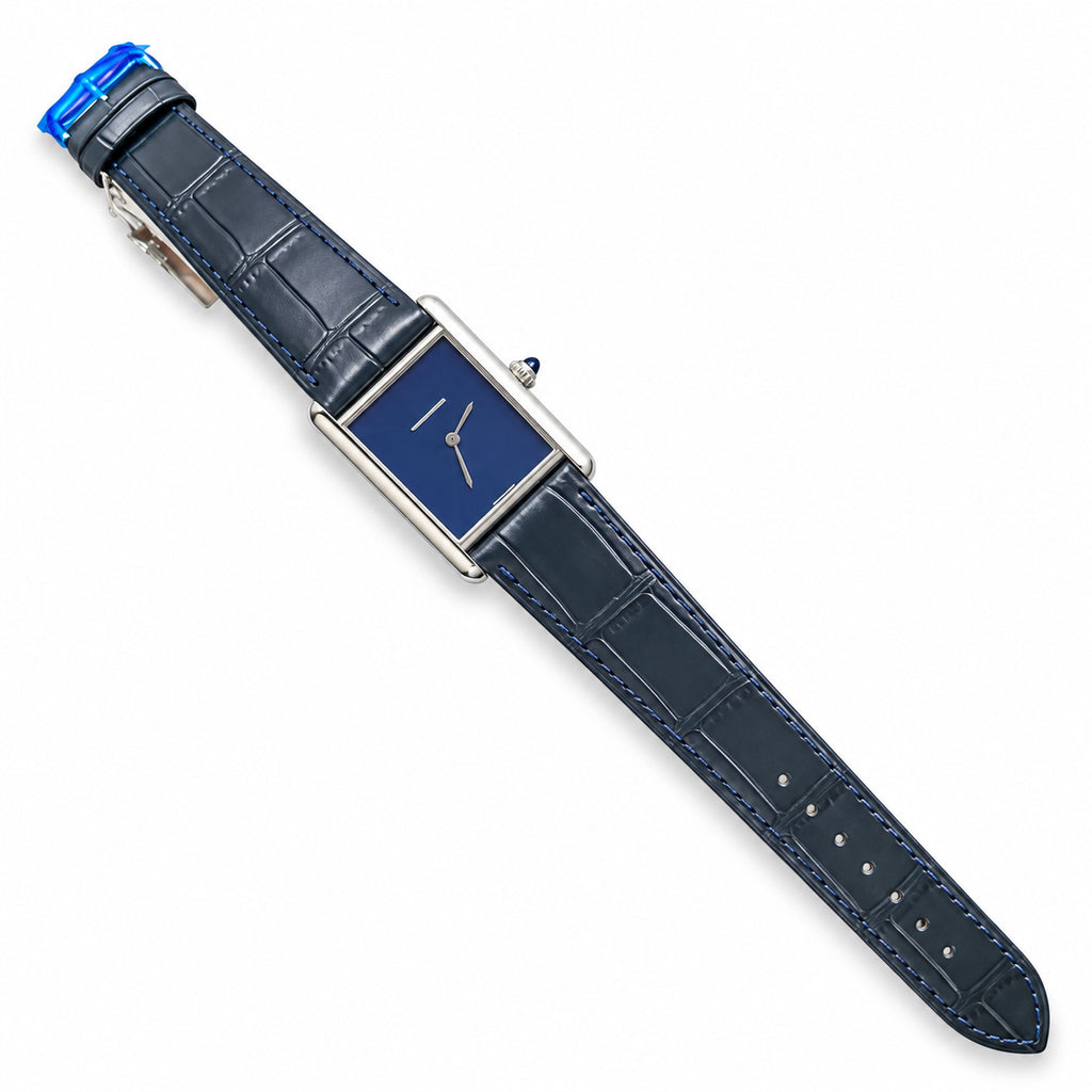 Cartier Tank Must Large — Steel, Navy Blue Dial, No Numerals & Blue Alligator Strap, Quartz