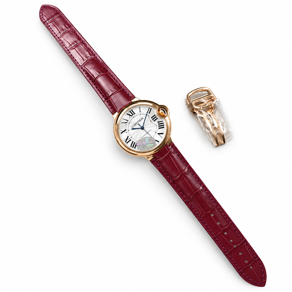 Cartier Ballon Bleu 36mm — 18K Rose Gold, Silver Dial, Roman Numerals & Burgundy Alligator Strap, Automatic
