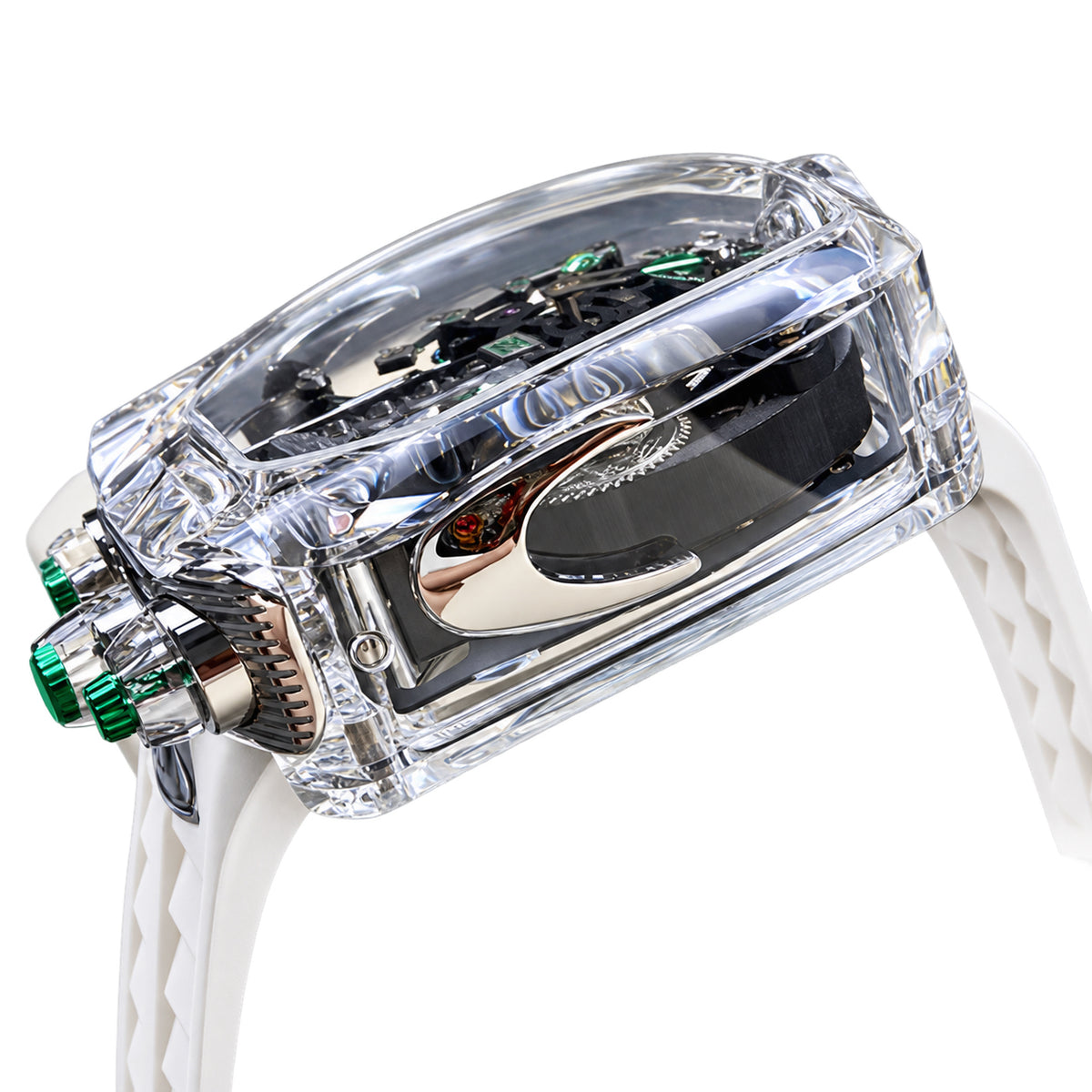 Jacob & Co. x Bugatti Chiron Clear Sapphire Tourbillon Green Accents White Rubber Watch