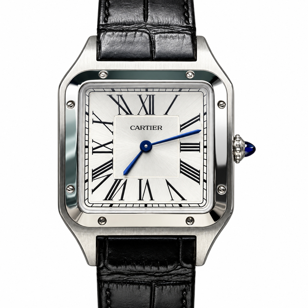 Cartier Santos-Dumont Large Stainless Steel Silver Dial Blued-Steel Hands Manual-Winding Black Alligator Strap Watch