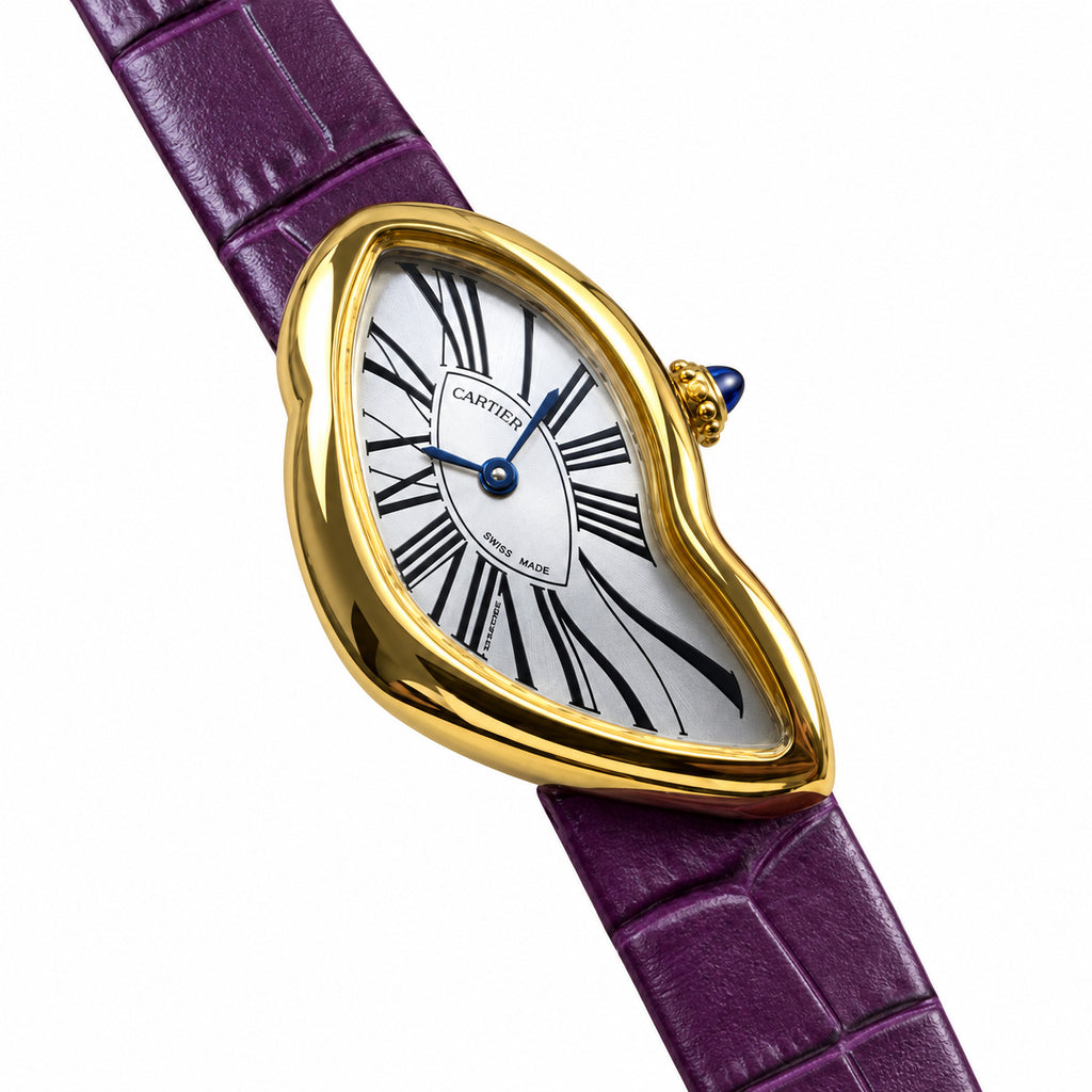 Cartier Crash — 18K Yellow Gold, Silver Dial, Roman Numerals & Purple Alligator Strap, Women
