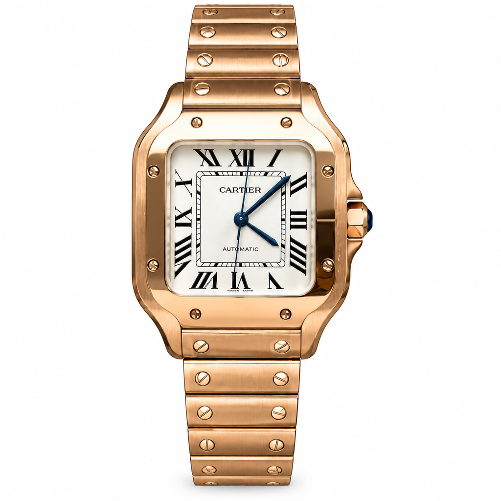 Cartier Santos Large — 18K Rose Gold, White Dial, Roman Numerals & Rose Gold Bracelet, Automatic