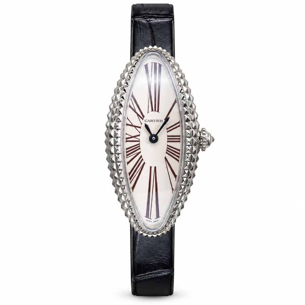 Cartier Baignoire Allongée — 18K White Gold, Clou de Paris Bezel, White Dial & Black Alligator Strap, Women