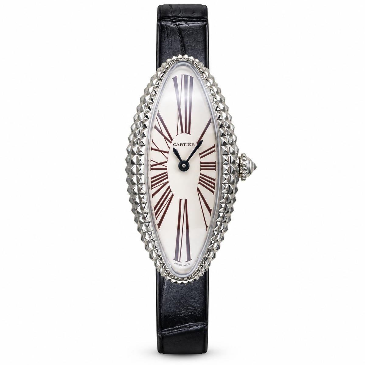 Cartier Baignoire Allongée — 18K White Gold, Clou de Paris Bezel, White Dial & Black Alligator Strap, Women