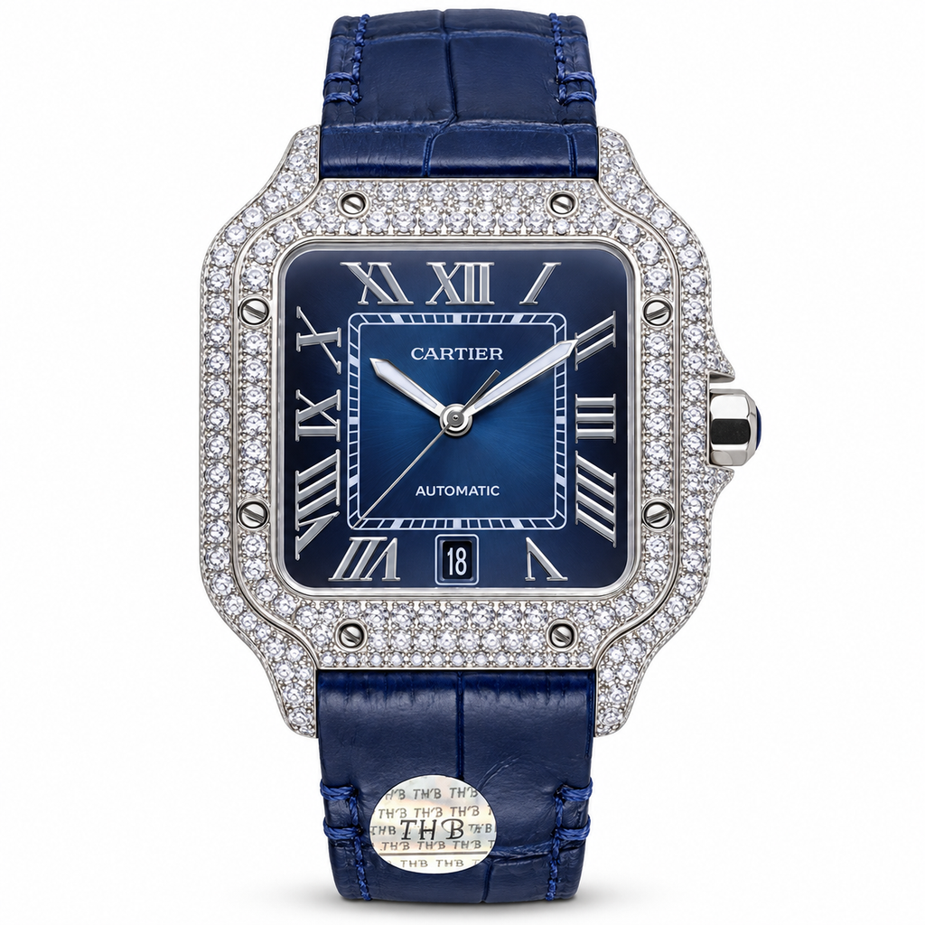 Cartier Santos de Cartier Large — Steel, Diamond Bezel, Blue Dial, Roman Numerals & Blue Alligator Strap, Automatic