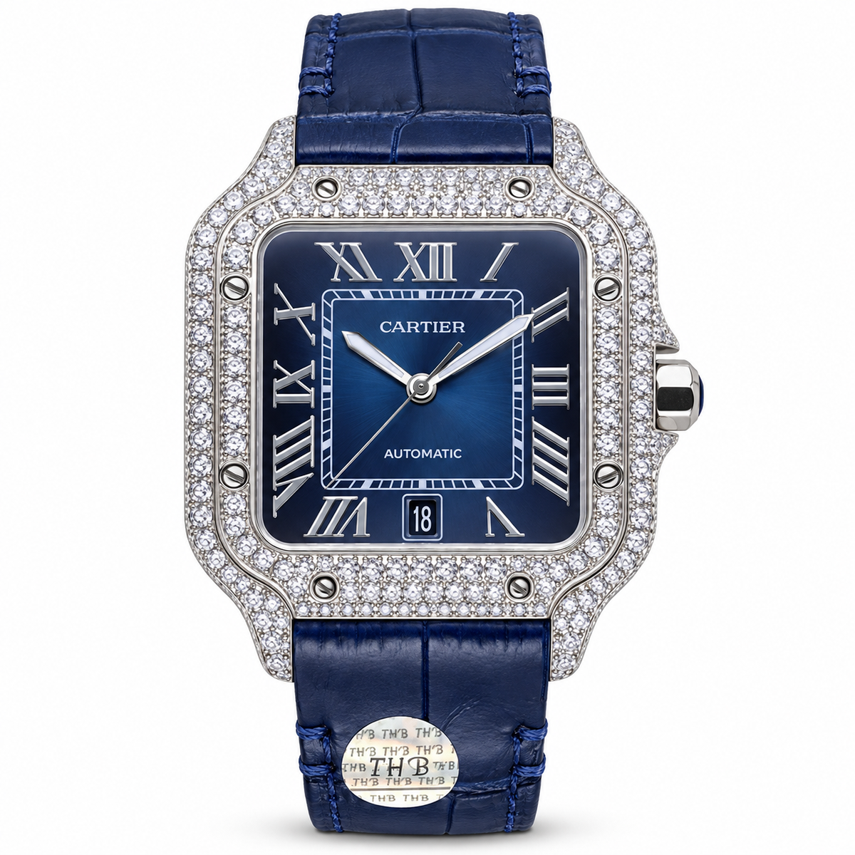 Cartier Santos de Cartier Large — Steel, Diamond Bezel, Blue Dial, Roman Numerals & Blue Alligator Strap, Automatic