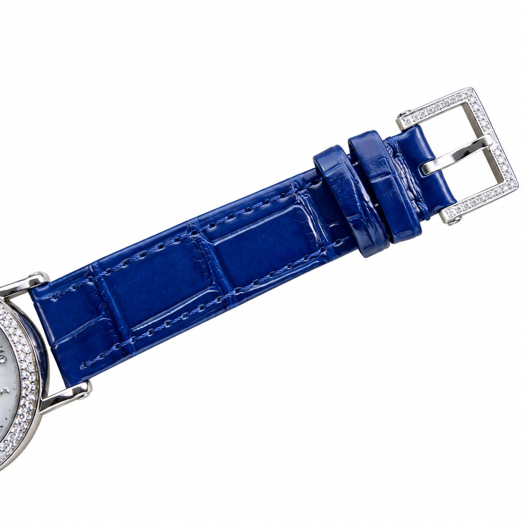 Patek Philippe Calatrava Ref. 7200G — 18K White Gold, Diamond Bezel, White MOP Dial & Blue Alligator Strap, Women