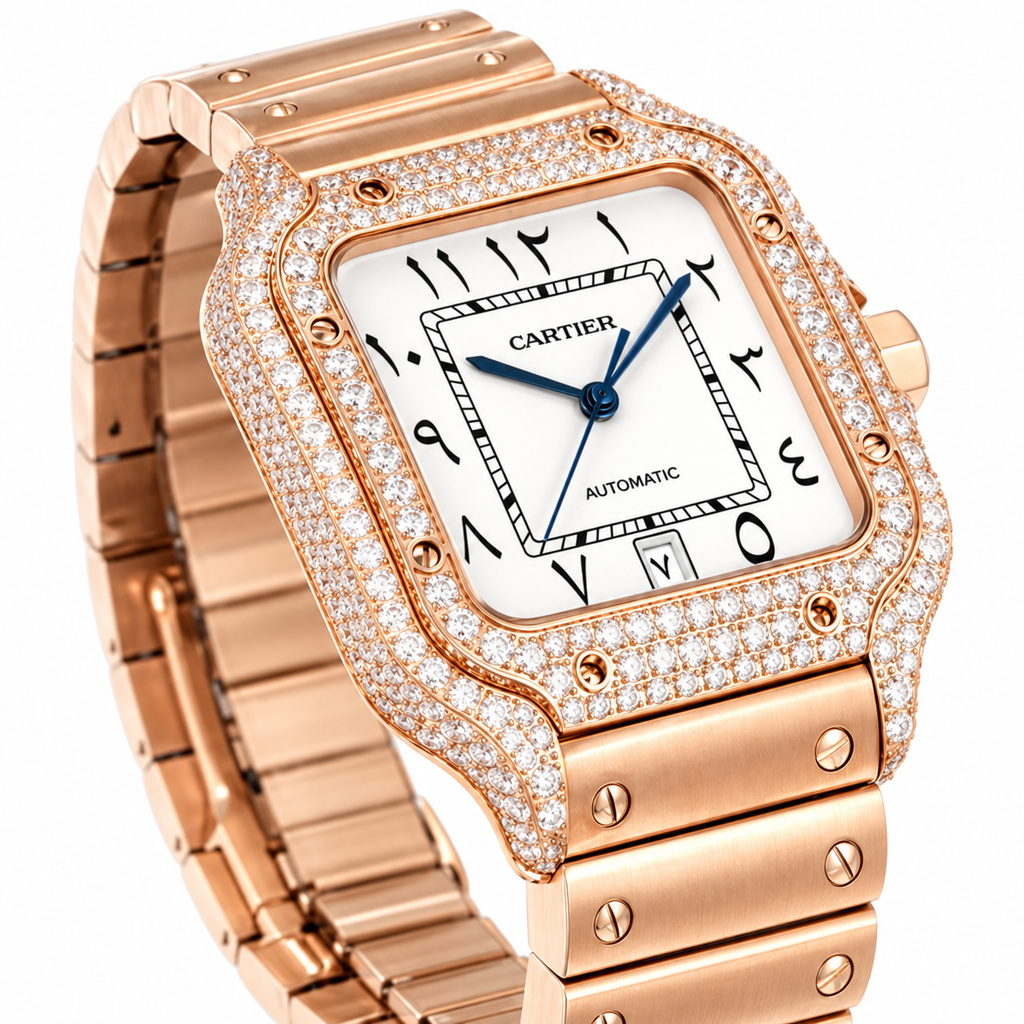 Cartier Santos Large — 18K Rose Gold, Full Diamond Bezel & Lugs, White Dial, Arabic Calligraphy, Date & Rose Gold Bracelet, Automatic