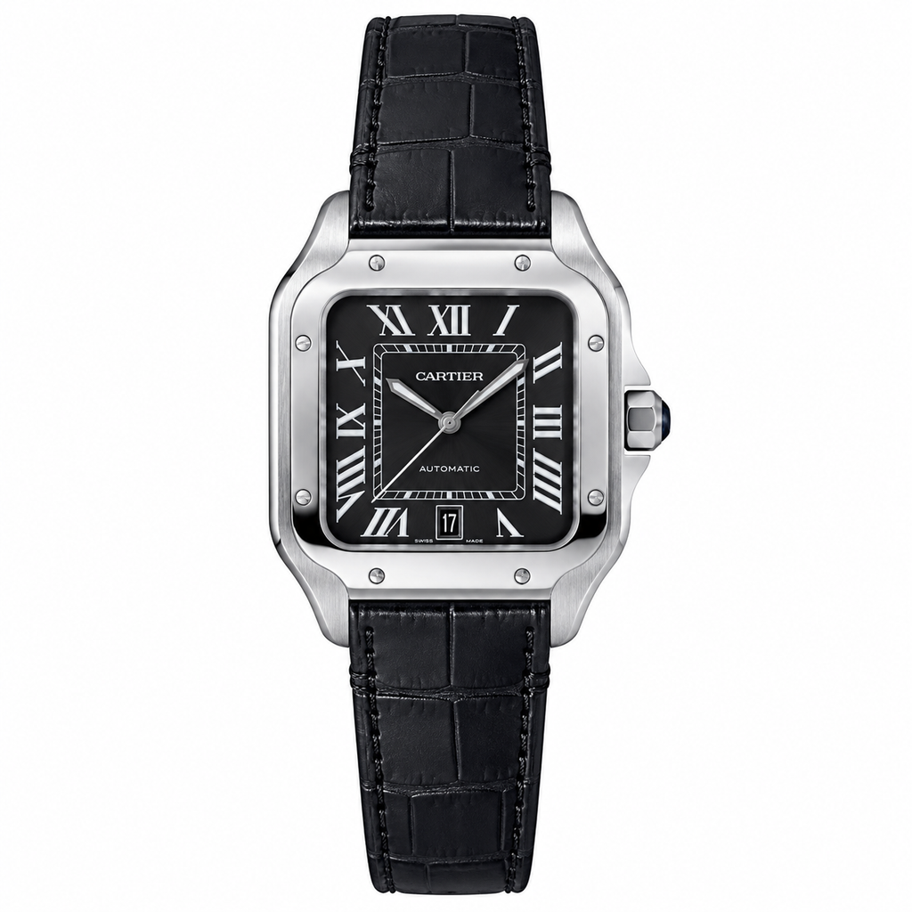 Cartier Santos de Cartier Large — Steel, Black Dial, Roman Numerals, Date & Black Alligator Strap, Automatic
