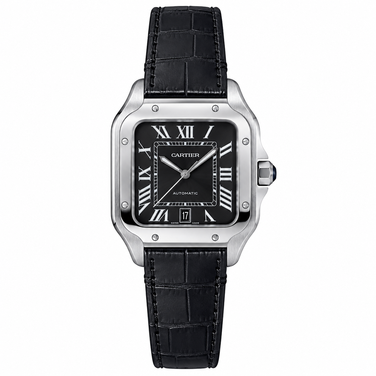 Cartier Santos de Cartier Large — Steel, Black Dial, Roman Numerals, Date & Black Alligator Strap, Automatic