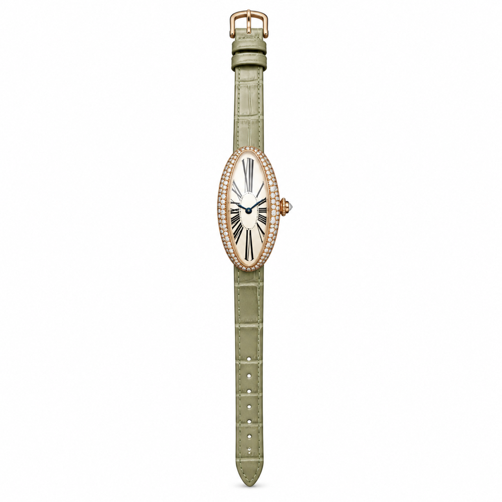 Cartier Baignoire Allongée Large — 18K Rose Gold, Double Diamond Bezel, Cream Oval Dial & Olive Alligator Strap, Women