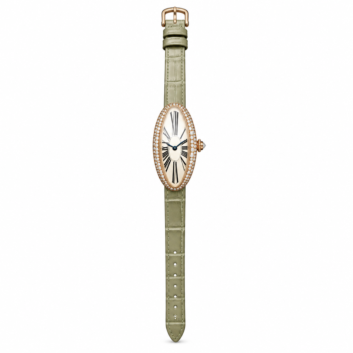 Cartier Baignoire Allongée Large — 18K Rose Gold, Double Diamond Bezel, Cream Oval Dial & Olive Alligator Strap, Women