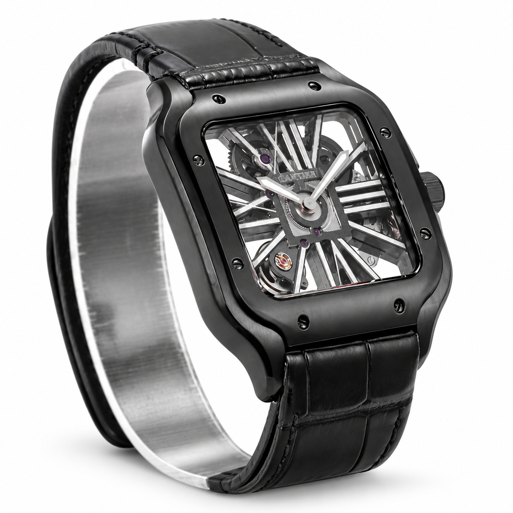 Cartier Santos de Cartier Skeleton Automatic — Full Black ADLC, Skeleton Dial & Black Alligator Strap, Large