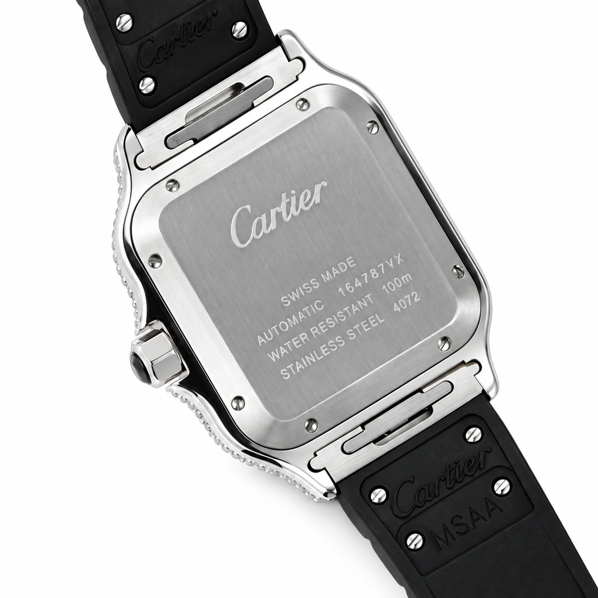 Cartier Santos de Cartier Large — Steel, Diamond Bezel, Black Dial, Roman Numerals, Date & Black Rubber Strap, Automatic