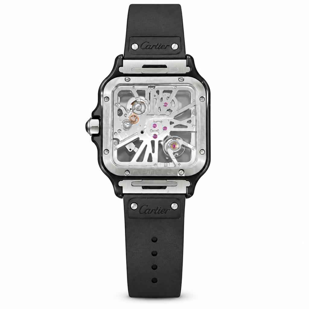 Cartier Santos Skeleton Black ADLC Steel Rubber Strap Watch – KDY