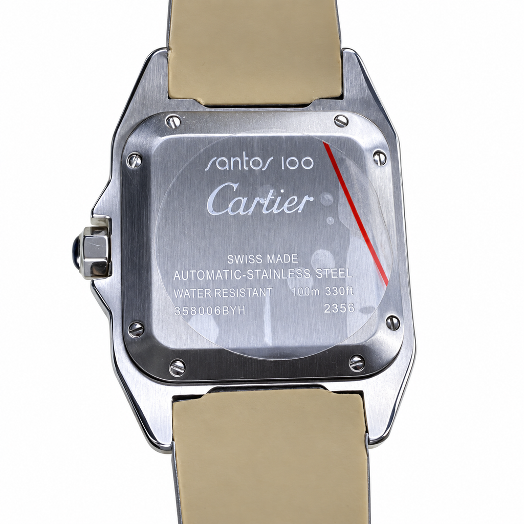 Cartier Santos 100 Automatic — Red Sunburst Dial & Blue Leather Strap