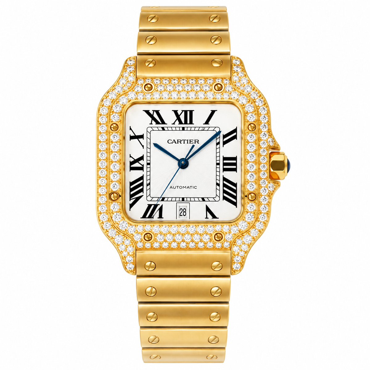 Cartier Santos de Cartier Automatic — 18K Yellow Gold, Full Diamond Bezel & Gold Bracelet, Large