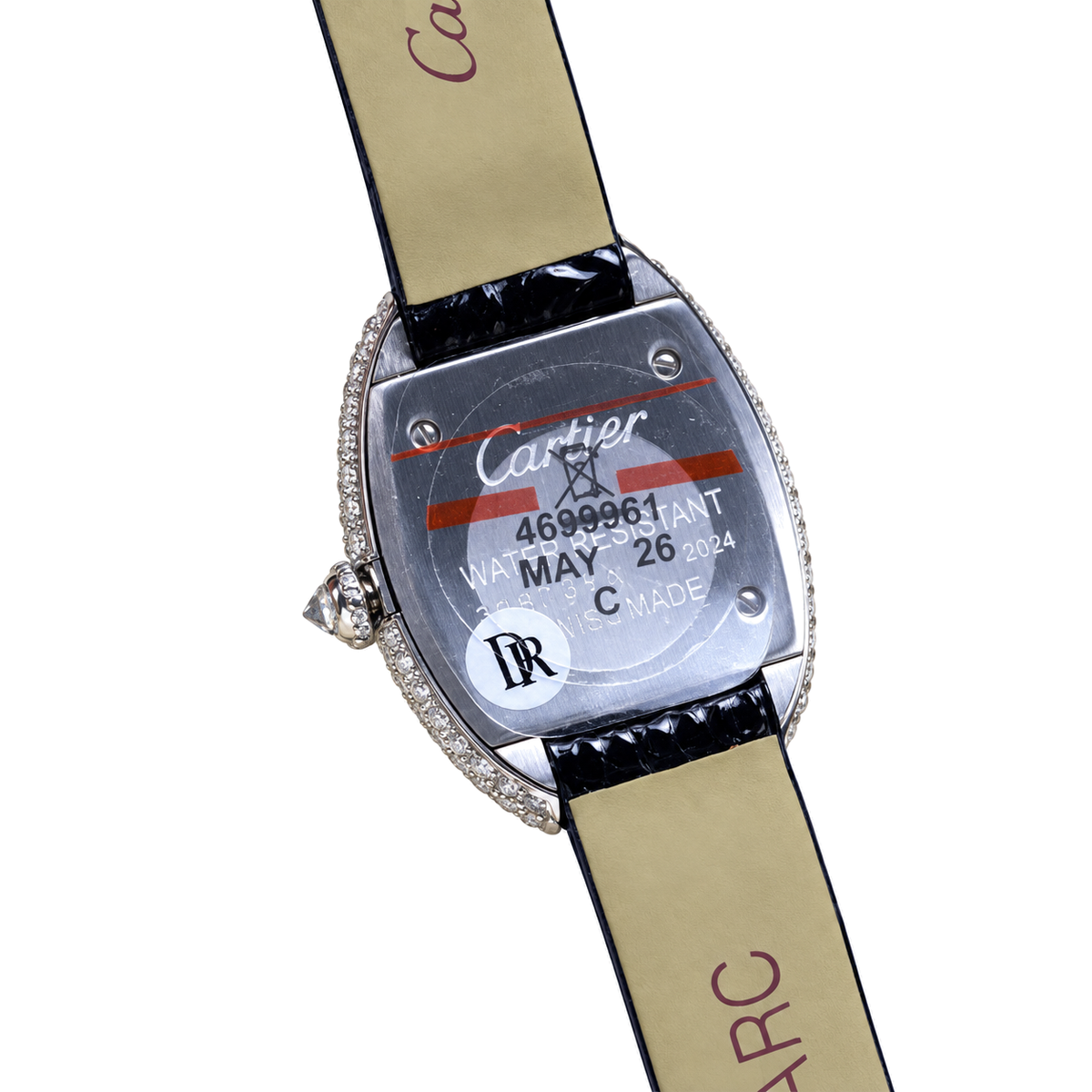 Cartier Baignoire Small — 18K White Gold, Double Diamond Bezel, Cream Oval Dial & Black Stone-Grain Strap, Women