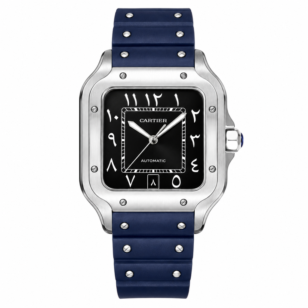 Cartier Santos Large — Steel, Black Dial, Arabic Numerals, Date & Navy Rubber Strap, Automatic