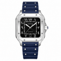 Cartier Santos Large — Steel, Black Dial, Arabic Numerals, Date & Navy Rubber Strap, Automatic