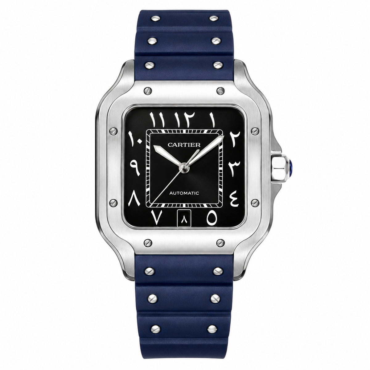 Cartier Santos Large — Steel, Black Dial, Arabic Numerals, Date & Navy Rubber Strap, Automatic