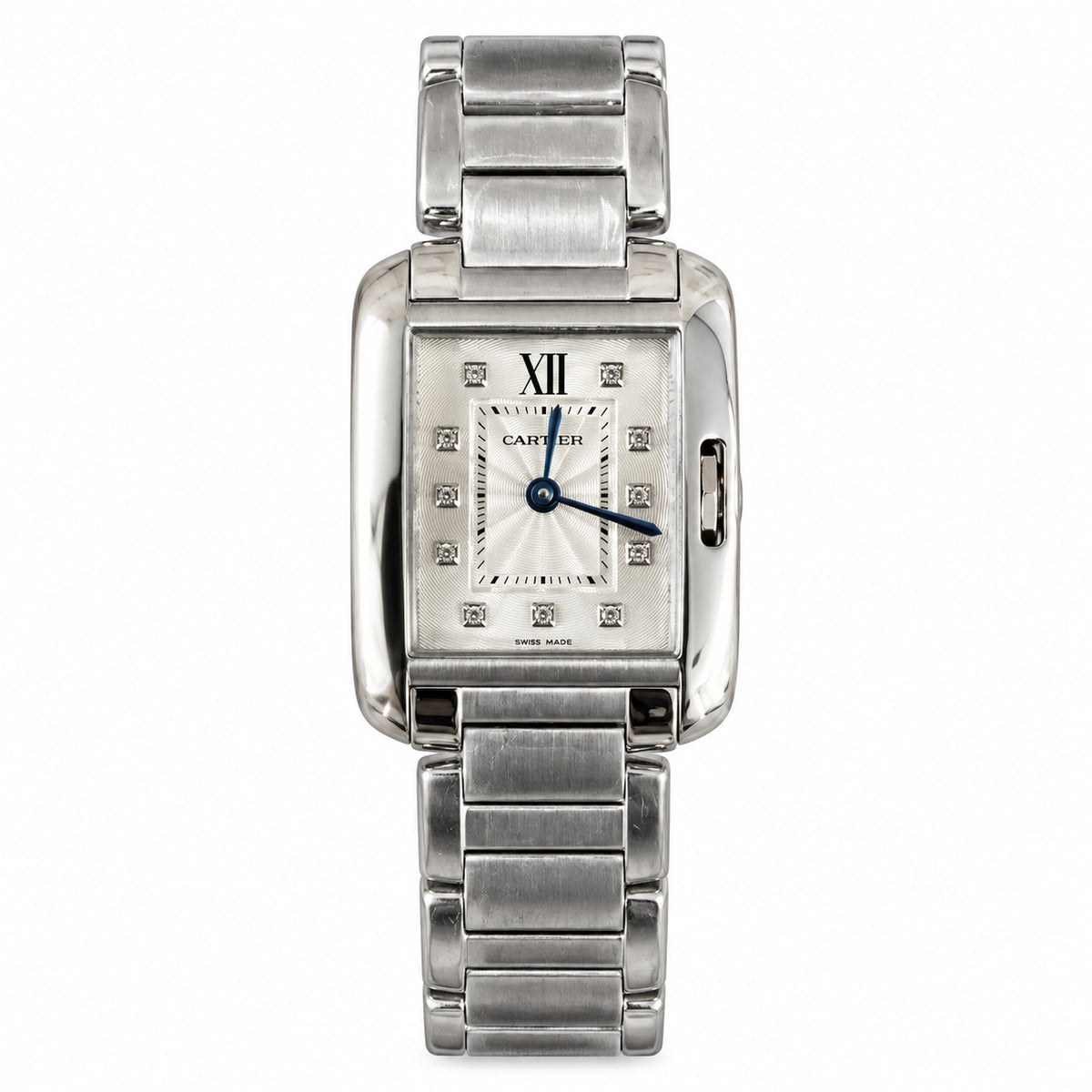 Cartier Tank Anglaise Small — Steel, Silver Diamond-Set Dial, Roman Numerals & Steel Bracelet, Women