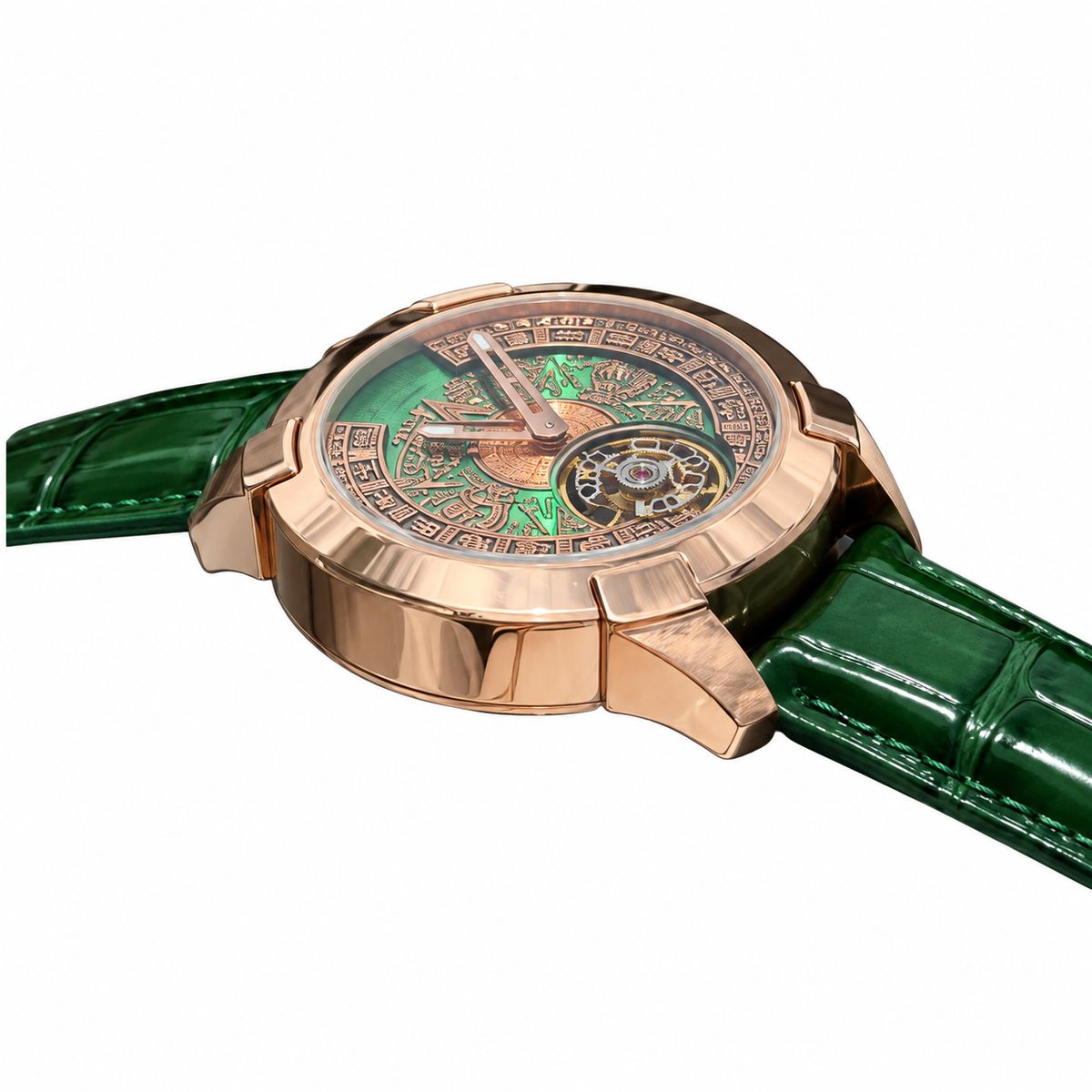 Louis Moinet Mecanograph Mayan Rose Gold Green Enamel Tourbillon Green Leather Watch