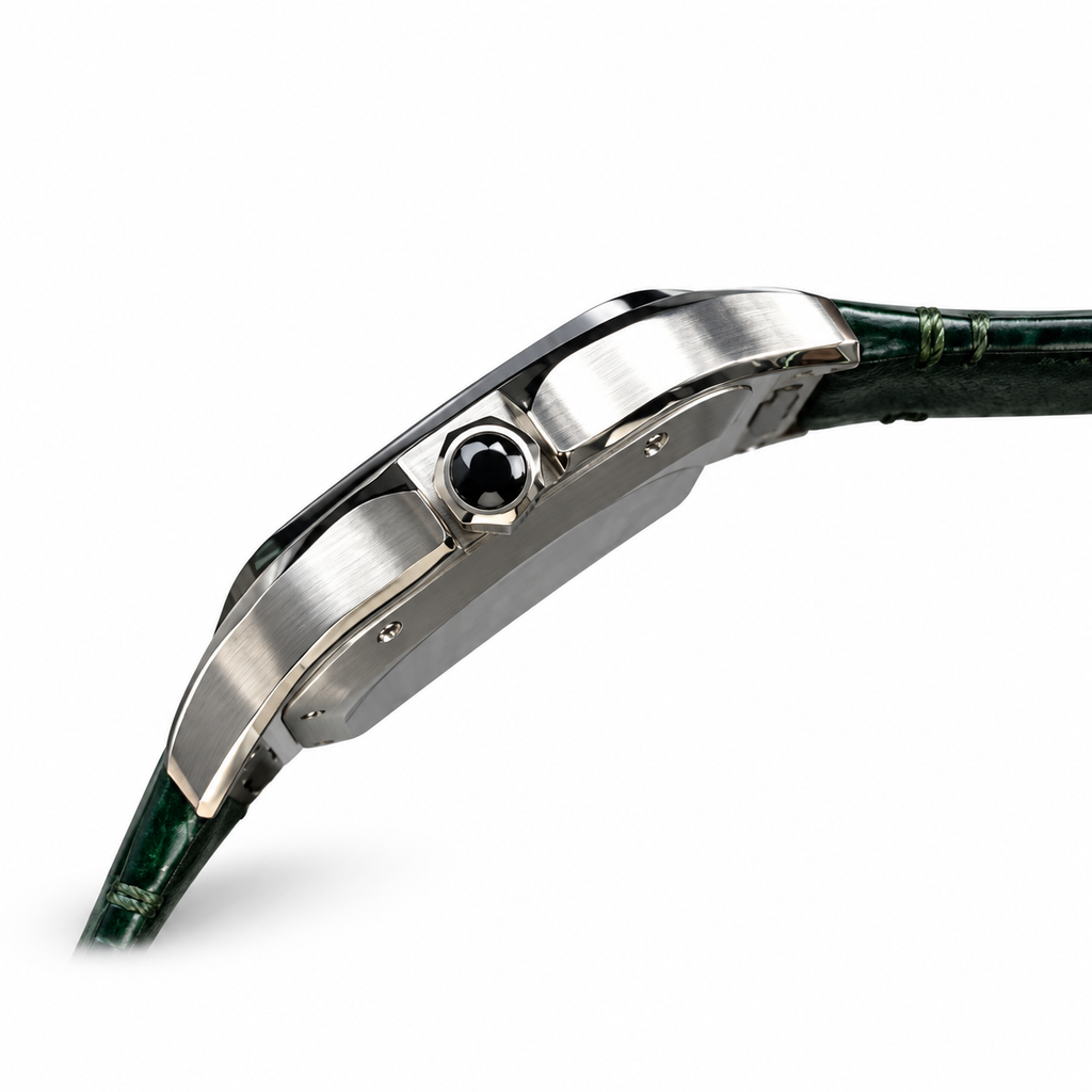 Cartier Santos Large — Steel, Green Dial, Arabic Calligraphy, Date & Green Alligator Strap, Automatic