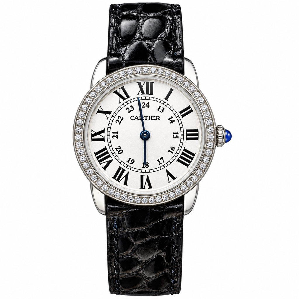 Cartier Ronde Louis Cartier Diamond Bezel White Dial Black Alligator Strap Watch