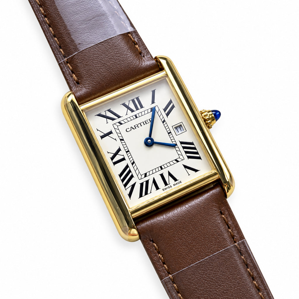 Cartier Tank Solo — 18K Yellow Gold, Ivory Dial, Date & Brown Leather Strap, Large