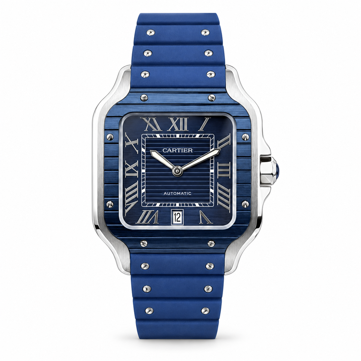 Cartier Santos de Cartier Large — Steel & Blue ADLC, Blue Dial, Roman Numerals, Date & Blue Rubber Strap, Automatic